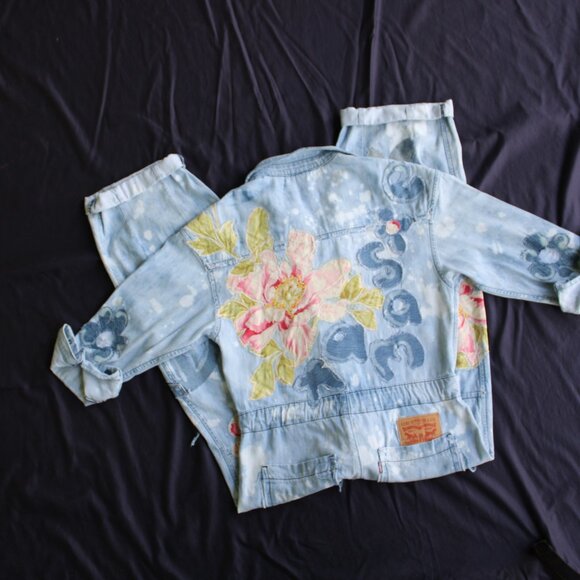 LEVI'S patchwork Redone embroidered hippie denim jeans Boiler Suit jumpsuit S - Picture 6 of 11